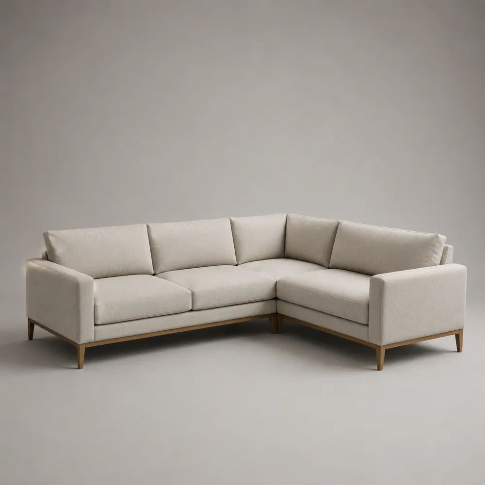 Divano angolare a L 4 posti in tessuto beige con struttura in legno, 250 x 200 x 85 cm