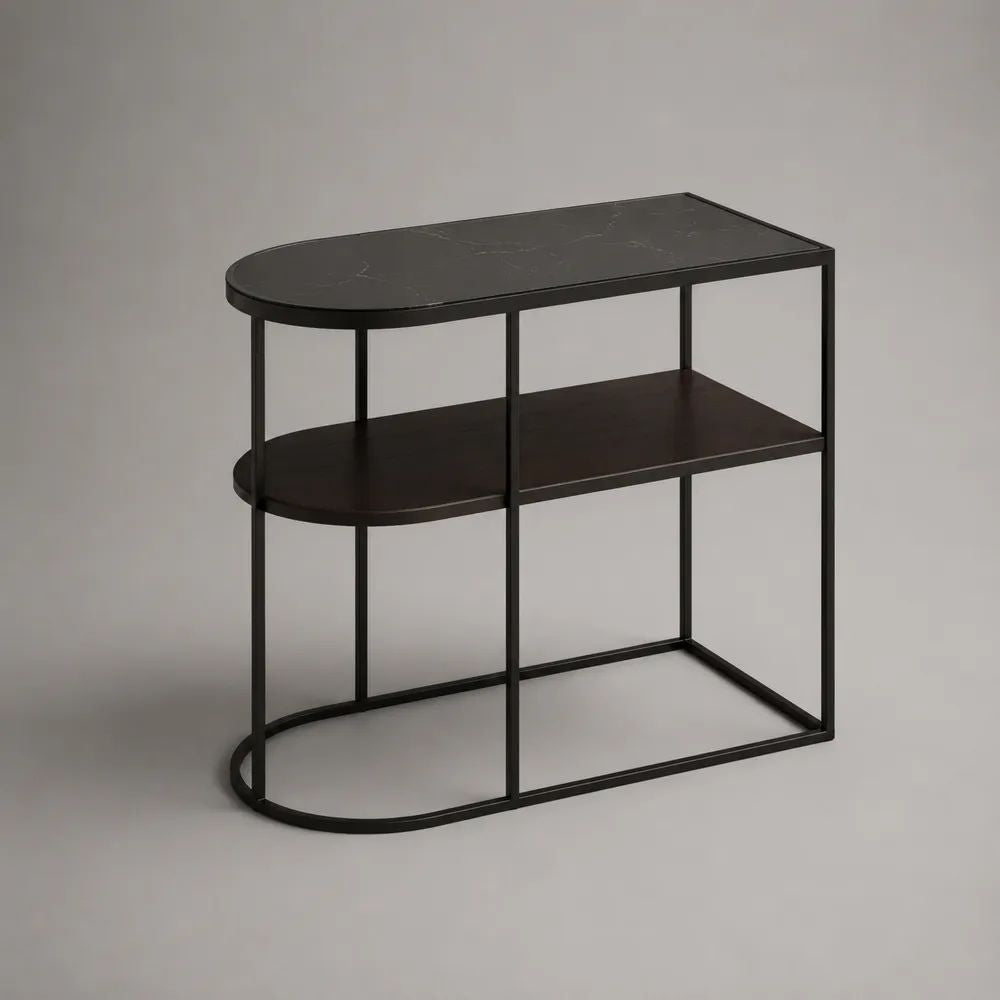 Tavolo consolle a 2 ripiani in MDF e acciaio, forma a D, nero e marrone scuro, 100 × 35 × 80 cm