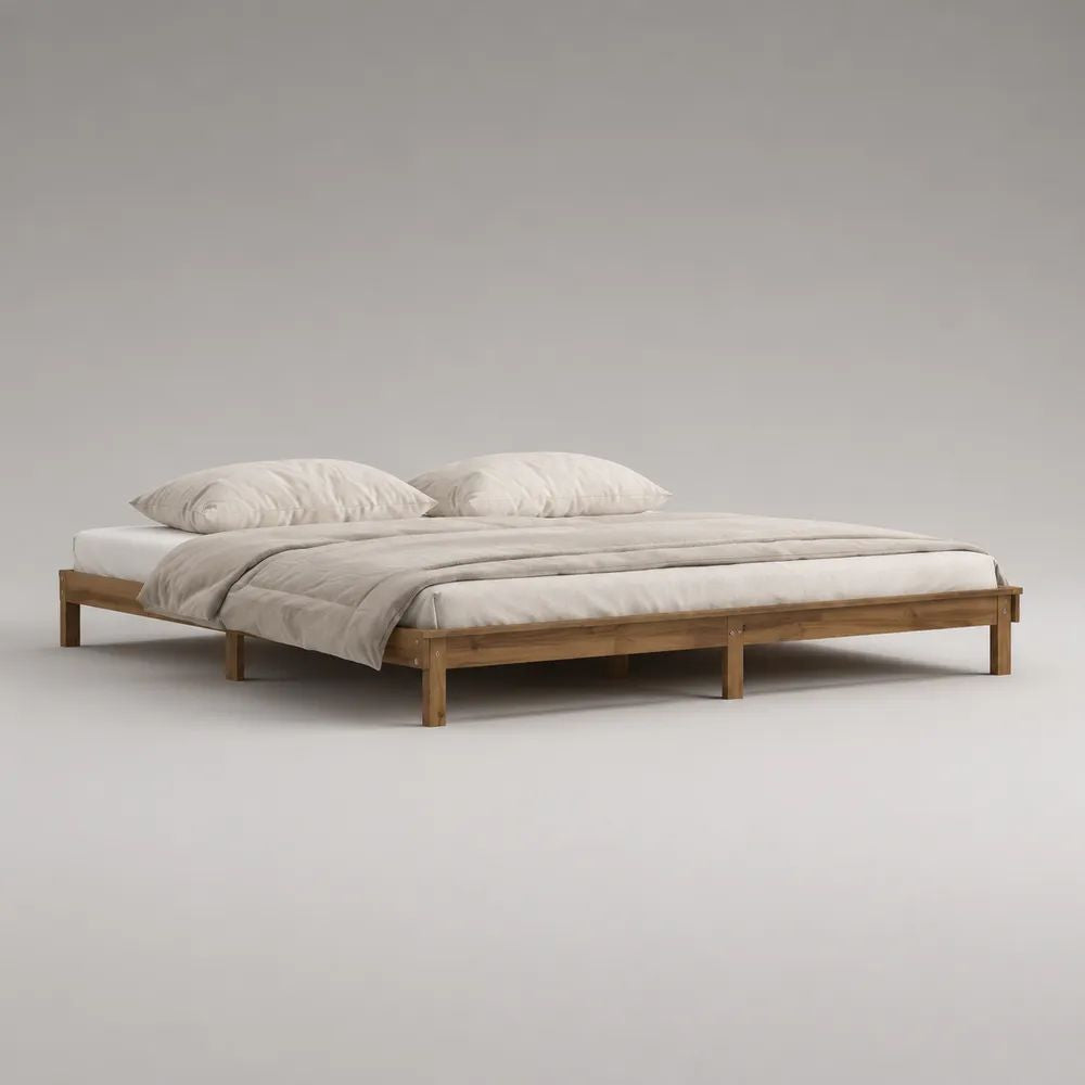 Letto matrimoniale basso 180 x 200 cm in legno massello marrone noce con rete a doghe, senza testiera