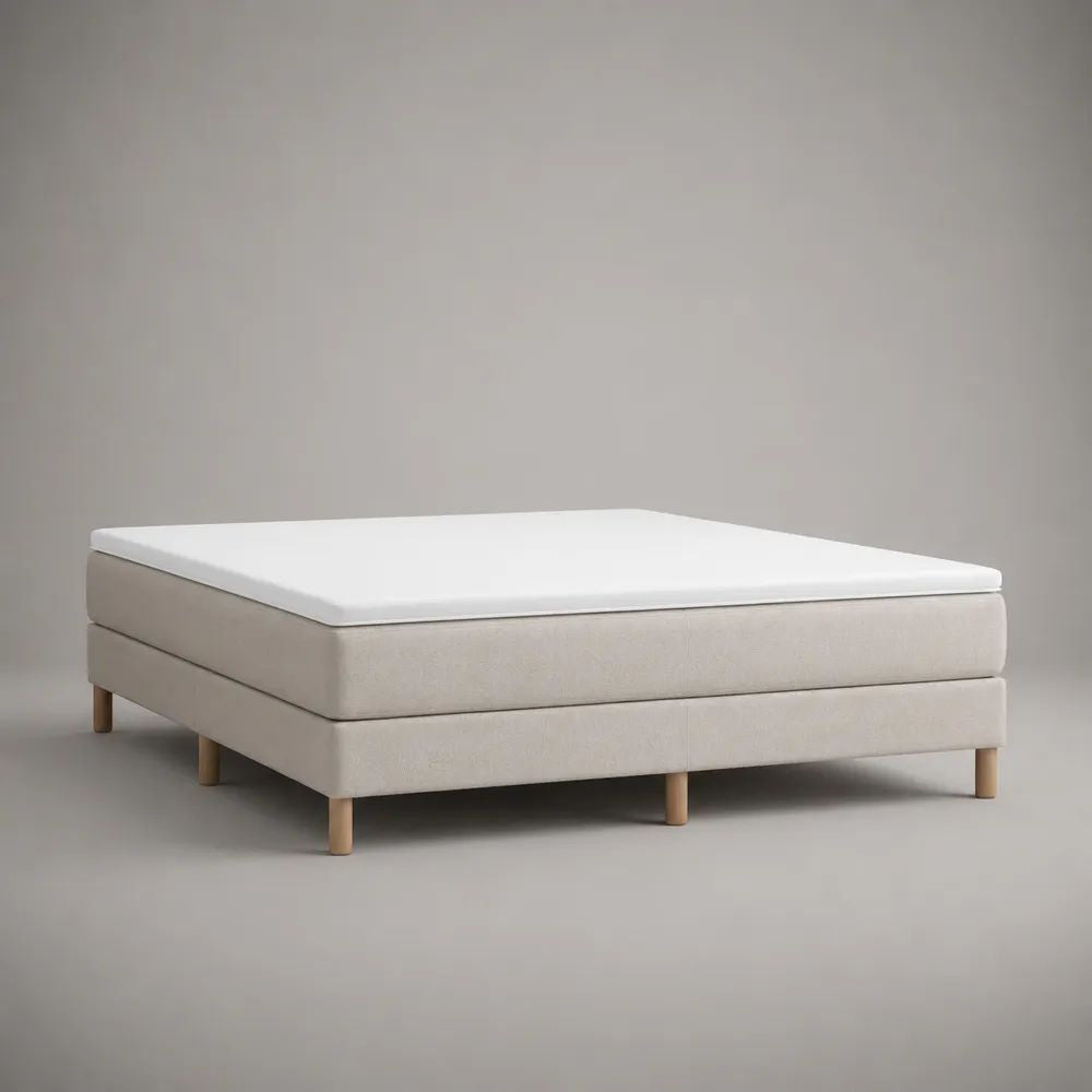 Letto continentale matrimoniale rettangolare in poliestere beige con materasso e topper bianco, set 3 pezzi, 180 x 200 cm