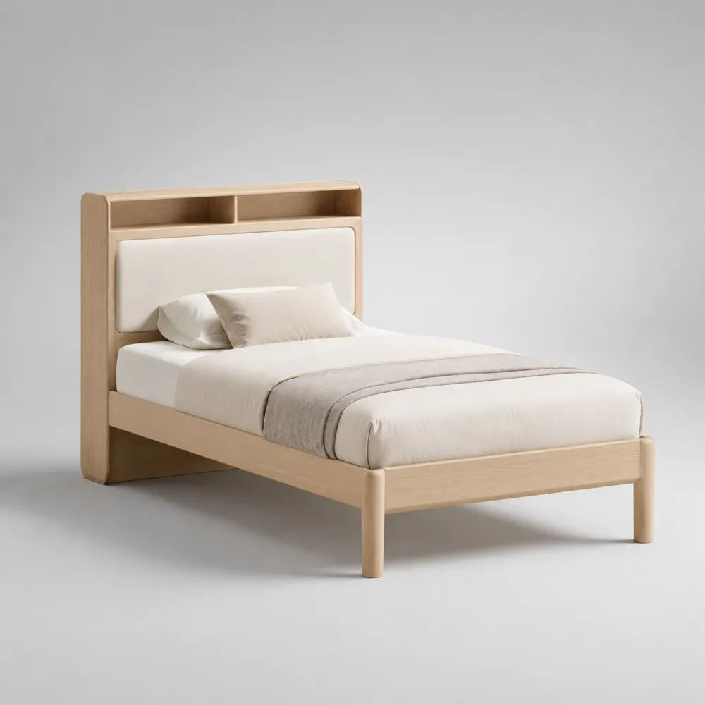 Struttura letto singolo rettangolare 90 × 200 cm in frassino massello e MDF impiallacciato, testiera imbottita crema con mensola, 105 × 214 × 145 cm