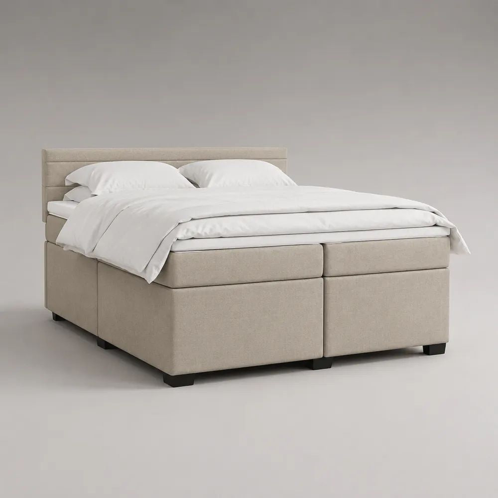Letto matrimoniale boxspring imbottito in tessuto beige con testiera, 2 materassi e topper, superficie di riposo 180 x 200 cm