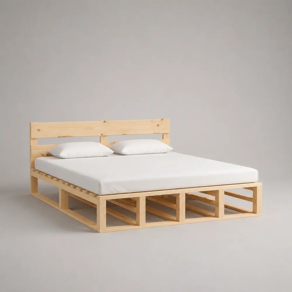 Letto matrimoniale rettangolare in legno naturale con testiera e rete a doghe, per materasso 160 × 200 cm, dimensioni 168 × 208 × 90 cm