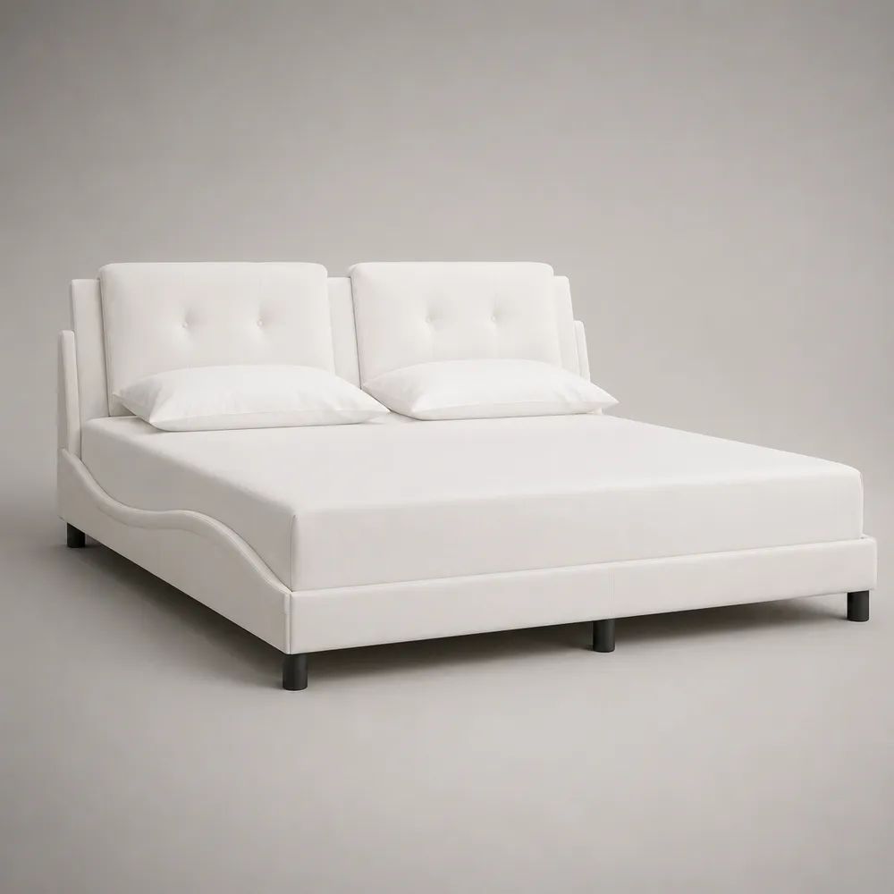 Letto matrimoniale imbottito 160 x 200 cm in pelle sintetica bianca con testiera a due pannelli e rete a doghe