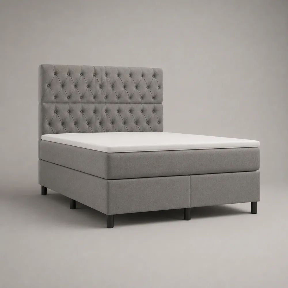 Letto boxspring matrimoniale 160 x 200 cm grigio con materasso, topper e testiera capitonné