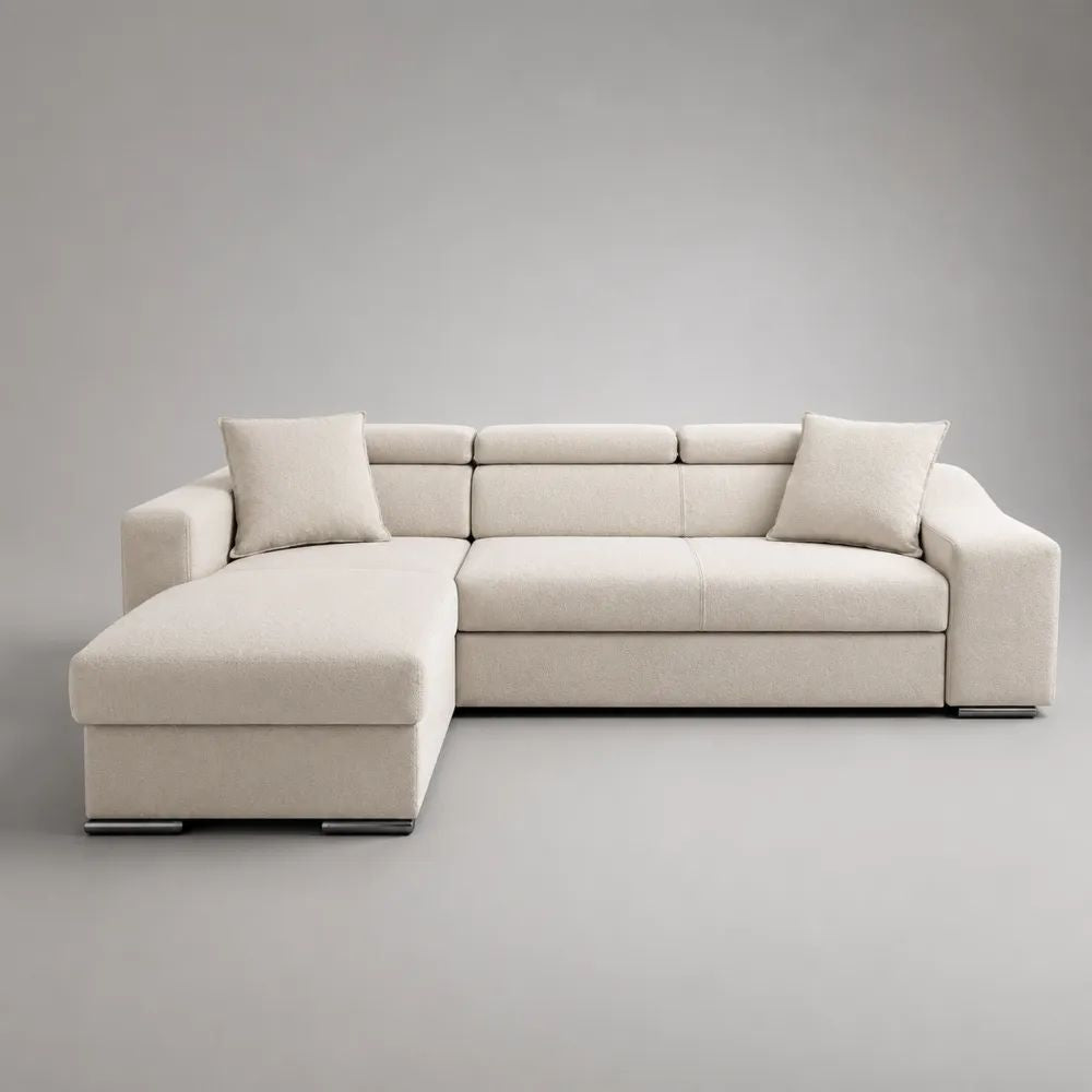 Divano angolare 3 posti in tessuto bouclé avorio con chaise longue sinistra e 2 cuscini, 285 × 165 × 92 cm