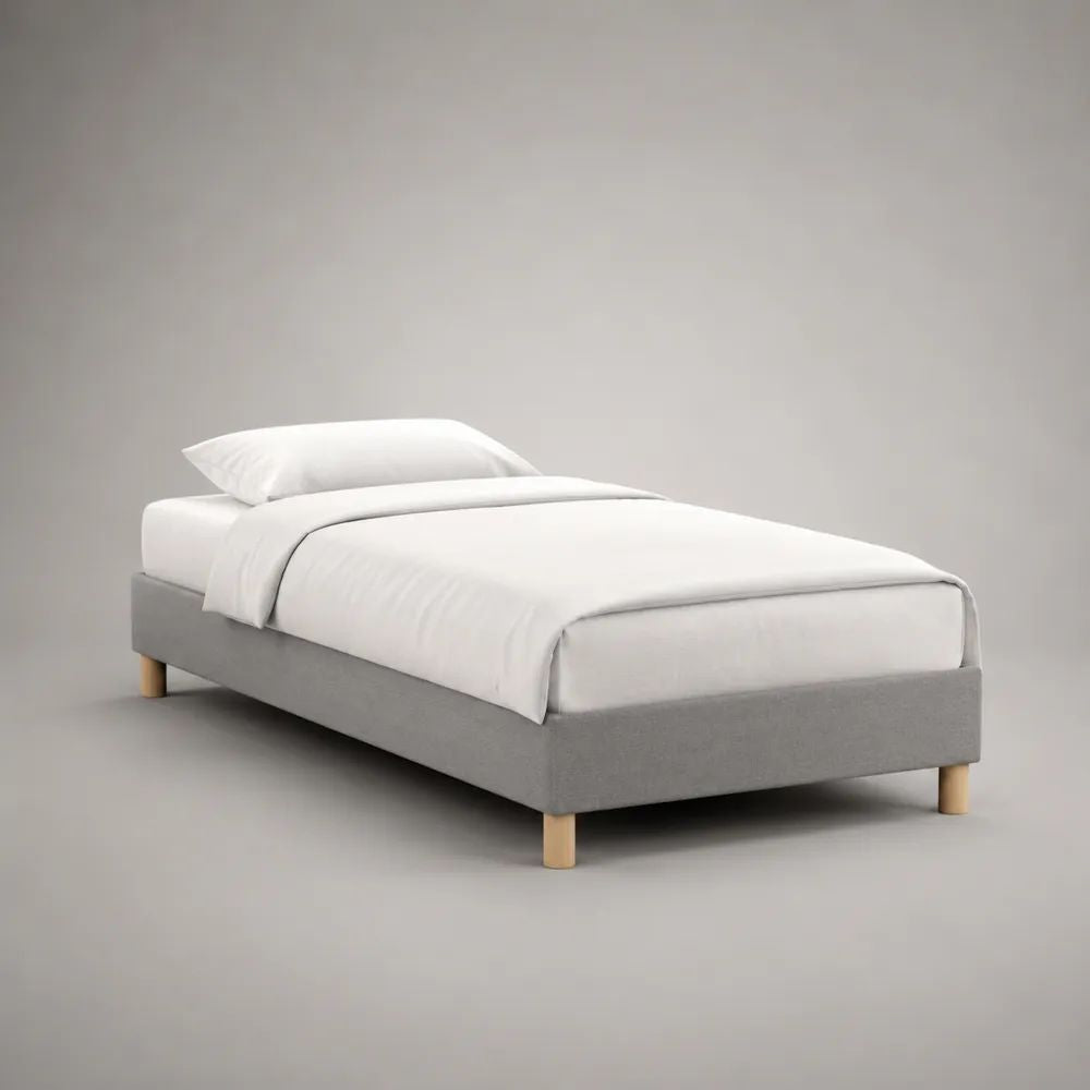 Struttura letto singolo imbottita in tessuto grigio chiaro con rete a doghe, 90 × 200 cm
