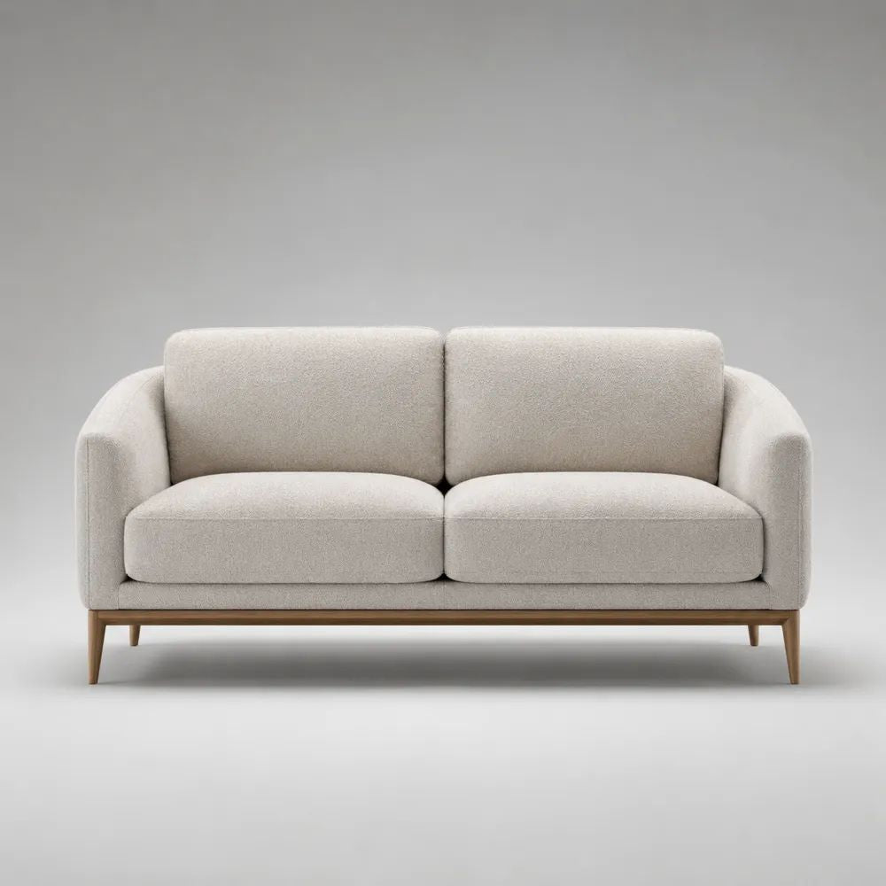 Divano rettangolare 2 posti in bouclé di poliestere e legno massello, Crema/Marrone chiaro, 180 x 86 x 82 cm