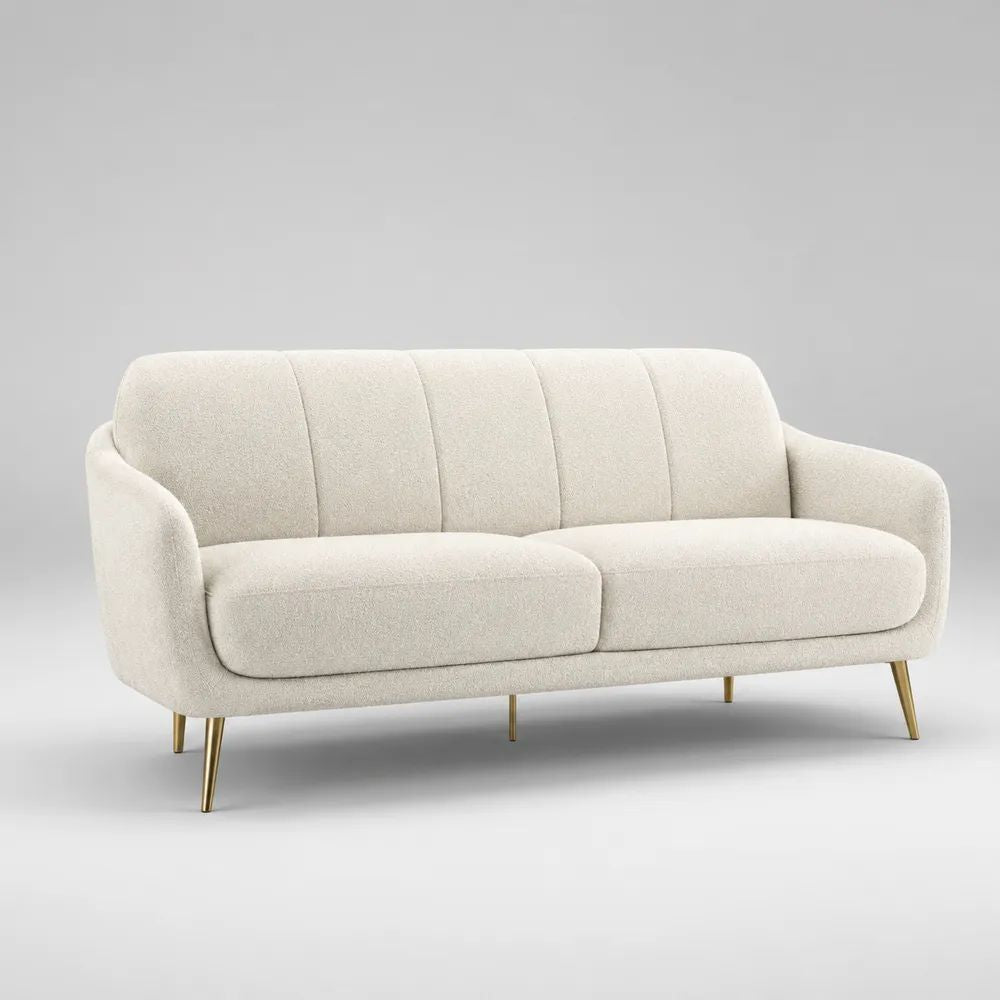 Divano 3 posti in bouclé di poliestere avorio con gambe in acciaio color ottone, 190 x 80 x 83 cm