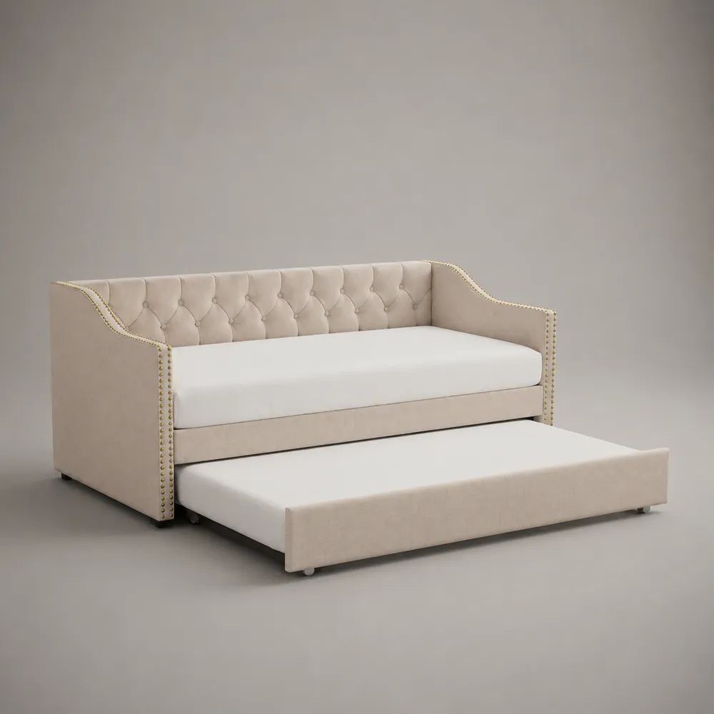 Divano letto estraibile a 2 posti in velluto beige con capitonné, 2 materassi da 90 x 190 x 10 cm, 212 x 100 x 91 cm
