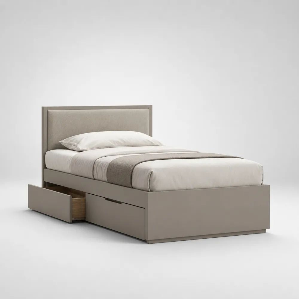 Letto singolo 90 x 200 cm con 2 cassetti, rete a doghe e testiera imbottita, tortora/beige