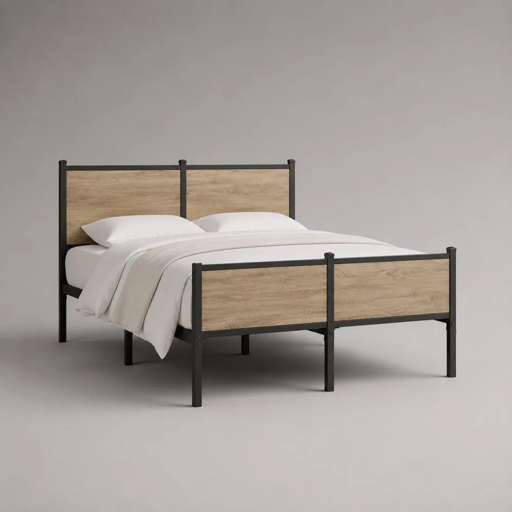 Letto matrimoniale 160 x 200 cm in acciaio e legno, nero e rovere naturale