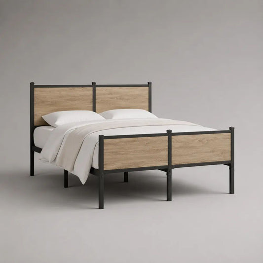 Letto matrimoniale 160 x 200 cm in acciaio e legno, nero e rovere naturale