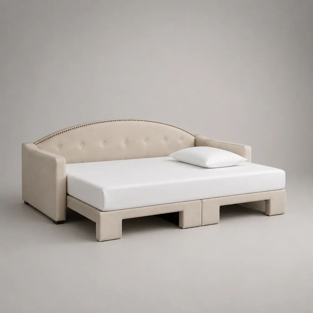 Divano letto matrimoniale imbottito in tessuto beige con testiera capitonné, materasso 160 x 200 cm, 215 x 177 x 95 cm