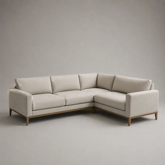 Divano angolare a L 4 posti in tessuto beige con struttura in legno, 250 x 200 x 85 cm