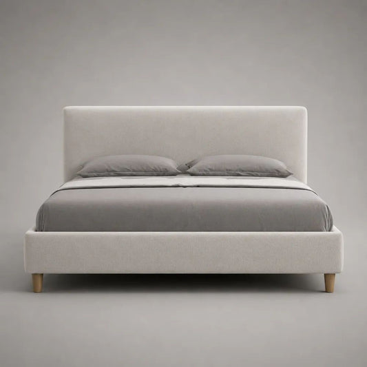Letto matrimoniale imbottito 160 x 200 cm in tessuto beige con testiera rettangolare e rete a doghe