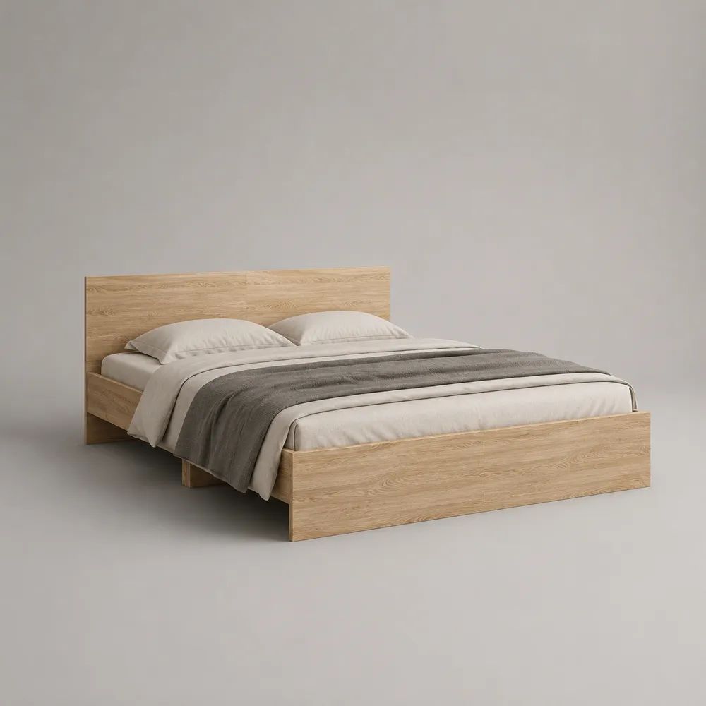 Letto matrimoniale con testiera in pannello truciolare melaminico effetto rovere chiaro, 166 x 205 x 90 cm, per materasso 160 x 200 cm