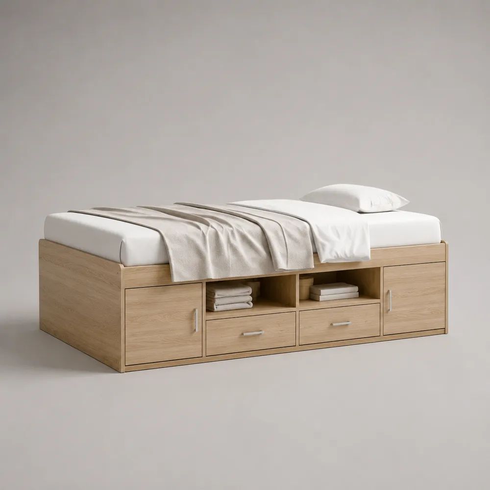 Letto singolo contenitore in legno, rovere naturale, 205 x 96 x 55 cm, per materasso 90 x 200 cm, con 2 cassetti, 2 vani aperti e 2 ante