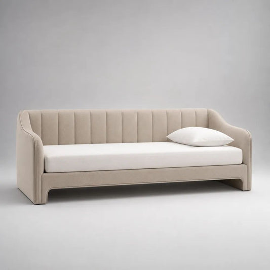 Divano letto singolo 210 x 100 x 82 cm con materasso 90 x 190 cm, rivestimento in velluto beige