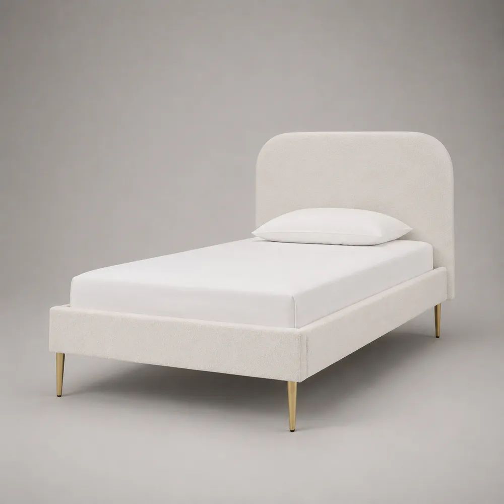 Letto singolo imbottito in poliestere bouclé bianco con gambe in metallo dorato, 105 × 215 × 120 cm, per materasso 90 × 200 cm