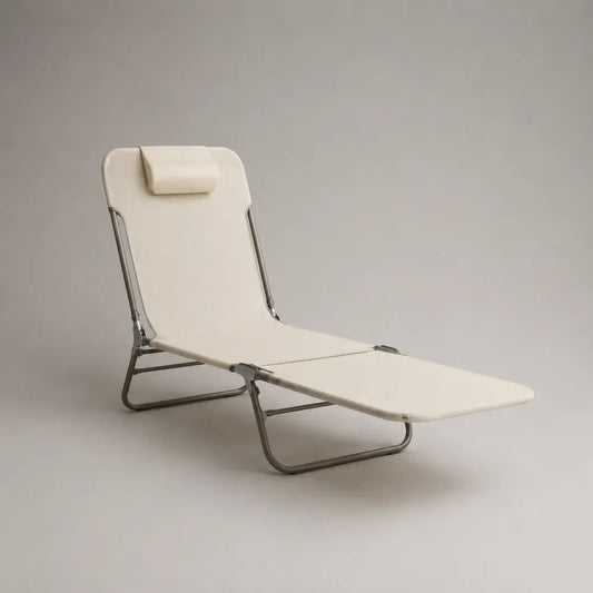Lettino prendisole pieghevole in acciaio e poliestere beige/grigio con schienale regolabile e poggiatesta, 178 x 56 x 80 cm