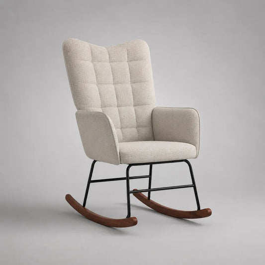 Poltrona a dondolo imbottita in tessuto bouclé beige con telaio in acciaio e pattini in legno, 73 x 92 x 104 cm
