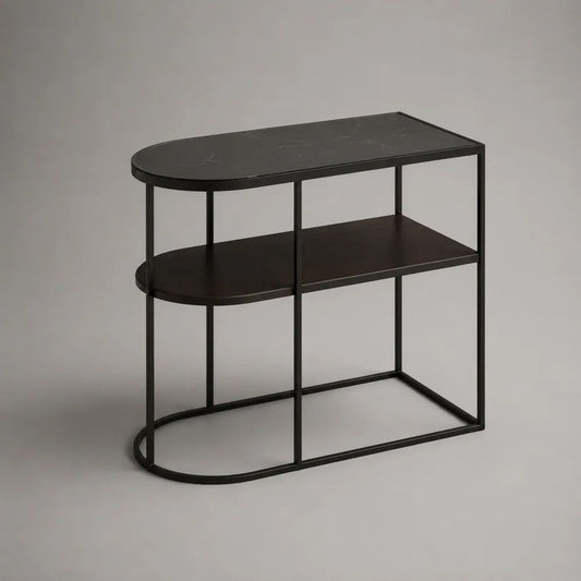 Tavolo consolle a 2 ripiani in MDF e acciaio, forma a D, nero e marrone scuro, 100 × 35 × 80 cm
