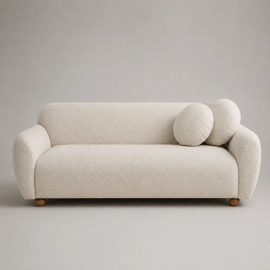 Divano 3 posti in tessuto bouclé crema con 2 cuscini rotondi, 210 x 90 x 82 cm