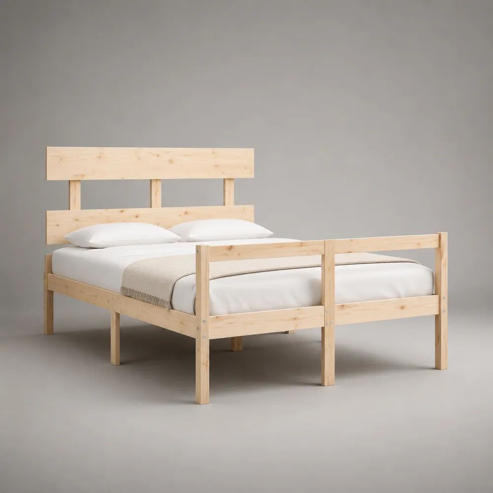 Letto matrimoniale 160 × 200 cm in legno naturale con testiera alta e pediera, 170 × 210 × 150 cm