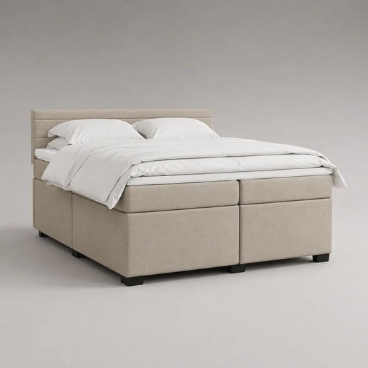 Letto matrimoniale boxspring imbottito in tessuto beige con testiera, 2 materassi e topper, superficie di riposo 180 x 200 cm