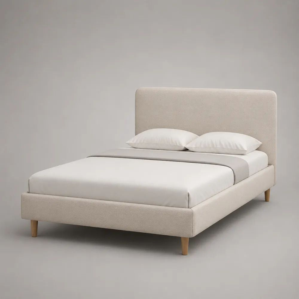 Letto matrimoniale imbottito beige con testiera e rete a doghe, 170 x 215 x 110 cm, per materasso 160 x 200 cm