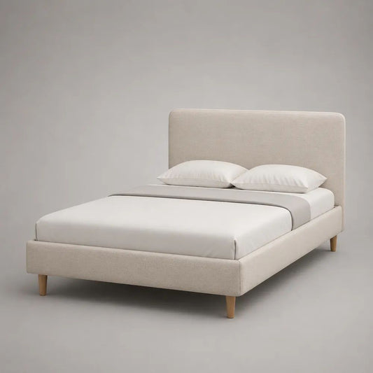 Letto matrimoniale imbottito beige con testiera e rete a doghe, 170 x 215 x 110 cm, per materasso 160 x 200 cm