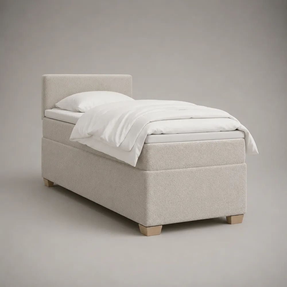 Letto singolo imbottito in tessuto bouclé beige, per materasso 90 × 200 cm, 100 × 210 × 105 cm