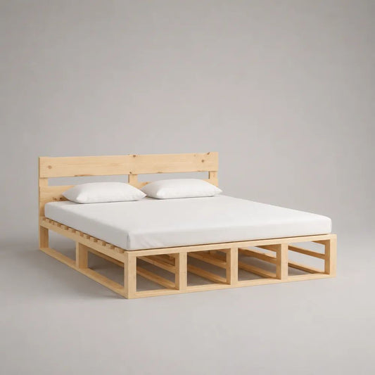 Letto matrimoniale rettangolare in legno naturale con testiera e rete a doghe, per materasso 160 × 200 cm, dimensioni 168 × 208 × 90 cm