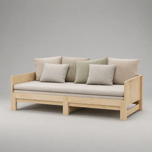 Divano letto rettangolare a 3 posti in legno massello con cuscini beige e verde salvia, 205 x 98 x 85 cm