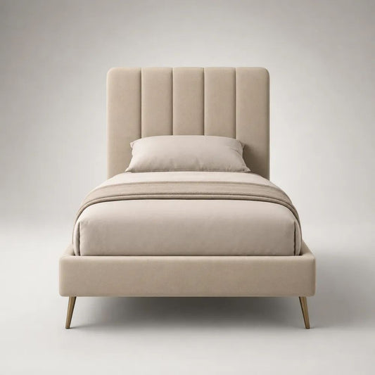 Letto singolo imbottito rettangolare 90 x 200 cm in tessuto beige con testiera a pannelli e gambe in acciaio color ottone
