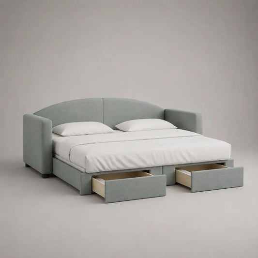 Divano letto matrimoniale estraibile in tessuto grigio chiaro con 2 cassetti, 224 x 96 x 84 cm, superficie letto 160 x 200 cm