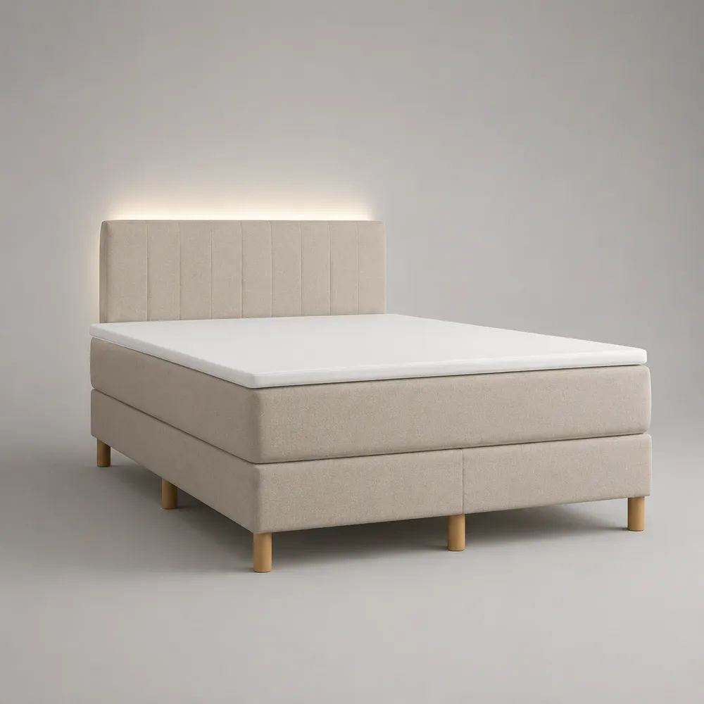 Letto matrimoniale boxspring completo imbottito beige e bianco con testiera e illuminazione LED, 170 x 210 x 115 cm, piano di riposo 160 x 200 cm