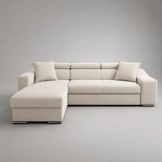 Divano angolare 3 posti in tessuto bouclé avorio con chaise longue sinistra e 2 cuscini, 285 × 165 × 92 cm