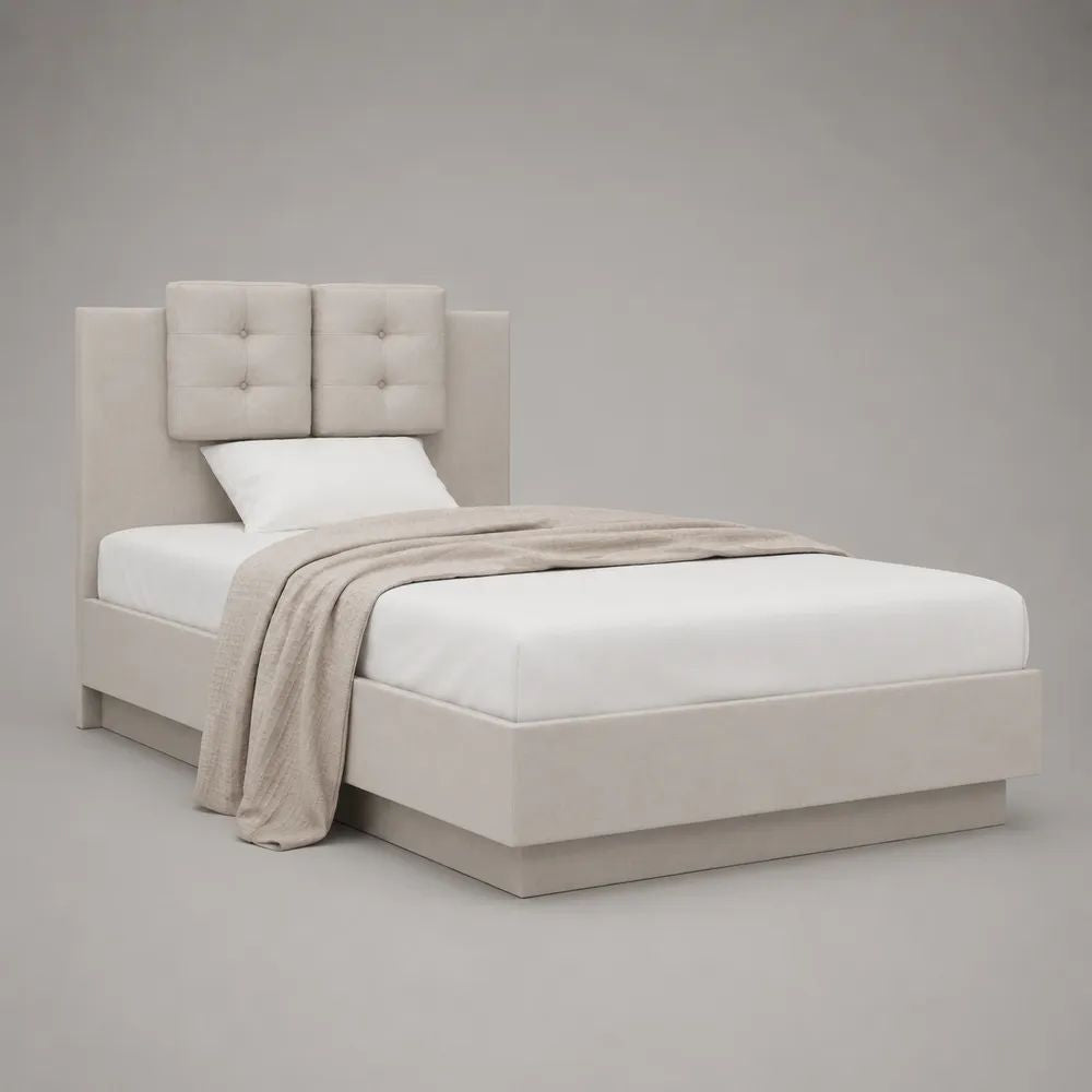 Letto singolo imbottito in poliestere con testiera capitonné beige chiaro e basamento grigio tortora, materasso 90 × 200 cm