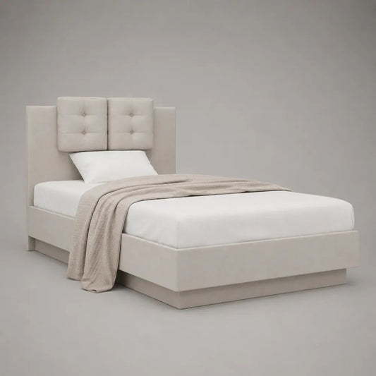 Letto singolo imbottito in poliestere con testiera capitonné beige chiaro e basamento grigio tortora, materasso 90 × 200 cm