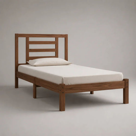 Letto singolo in legno 90 x 200 cm con rete a doghe e testiera, marrone noce
