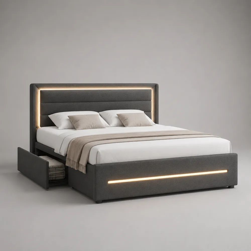 Letto matrimoniale imbottito 160 x 200 cm in tessuto grigio scuro con cassetto laterale, rete a doghe e illuminazione LED
