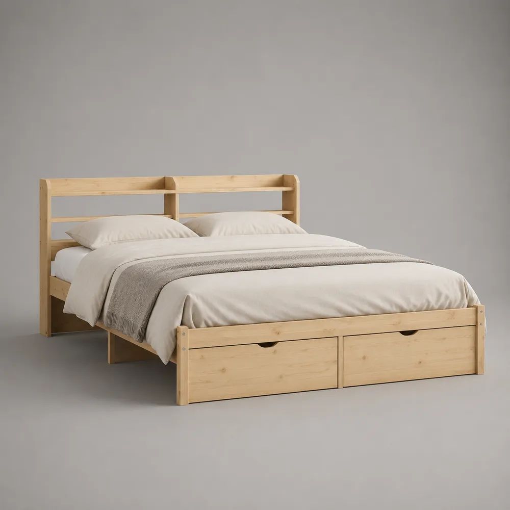 Letto matrimoniale 160 x 200 cm in pino massello beige naturale con testiera libreria, rete a doghe e 2 cassetti