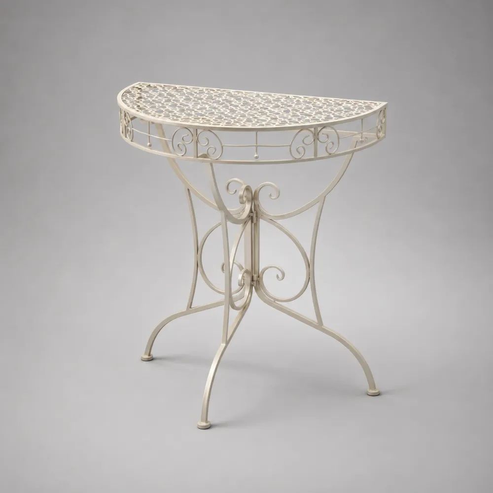 Tavolino consolle semicircolare in acciaio avorio, 70 × 35 × 75 cm
