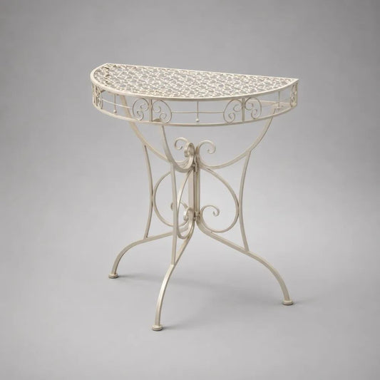 Tavolino consolle semicircolare in acciaio avorio, 70 × 35 × 75 cm