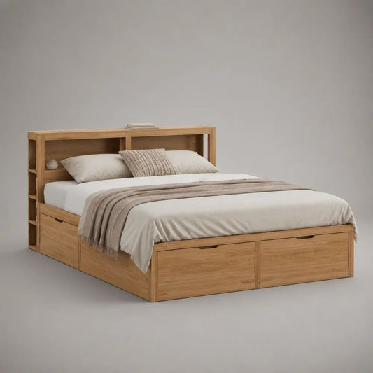 Letto matrimoniale 160 x 200 cm in legno e MDF con 4 cassetti e testiera libreria, rovere naturale, 223 x 169 x 120 cm