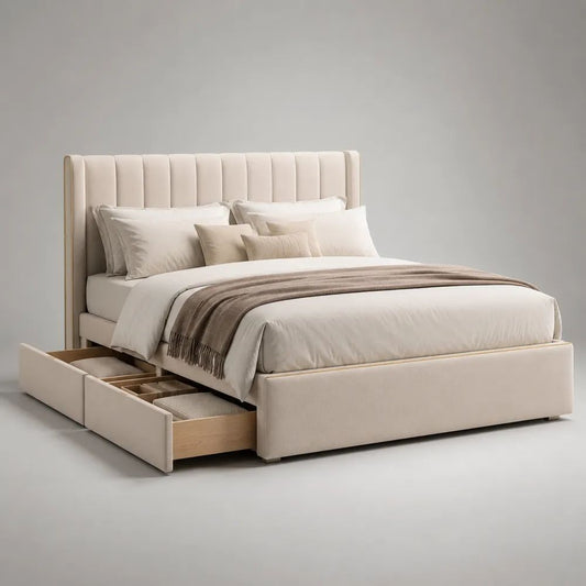 Letto matrimoniale imbottito beige 160 × 200 cm con testiera a pannelli verticali e 2 cassetti, struttura in MDF e legno, 175 × 220 × 120 cm