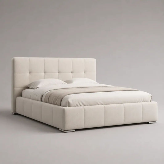 Letto matrimoniale imbottito 160 x 200 cm in tessuto avorio con testiera trapuntata e rete a doghe