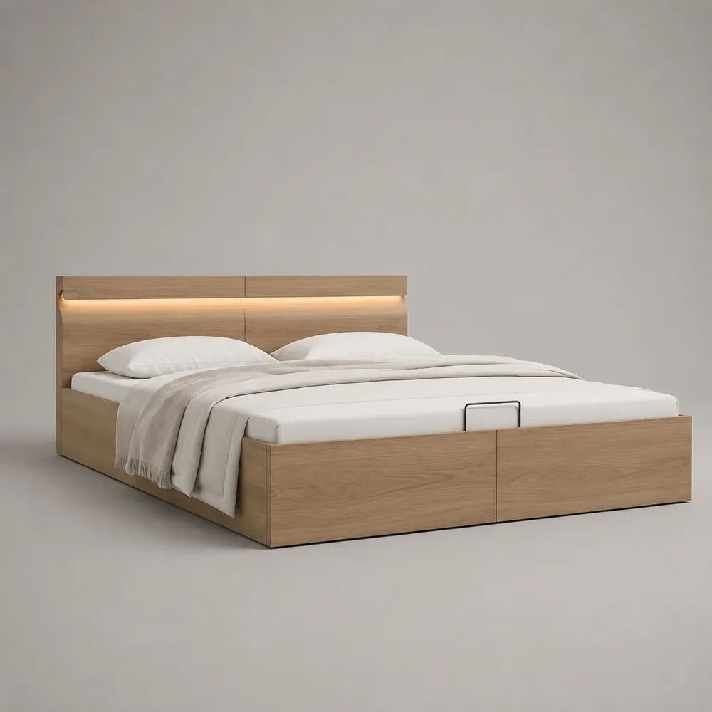 Letto matrimoniale contenitore rettangolare con testiera LED, rovere naturale e nero, per materasso 160 x 200 cm, dimensioni 168 x 215 x 105 cm